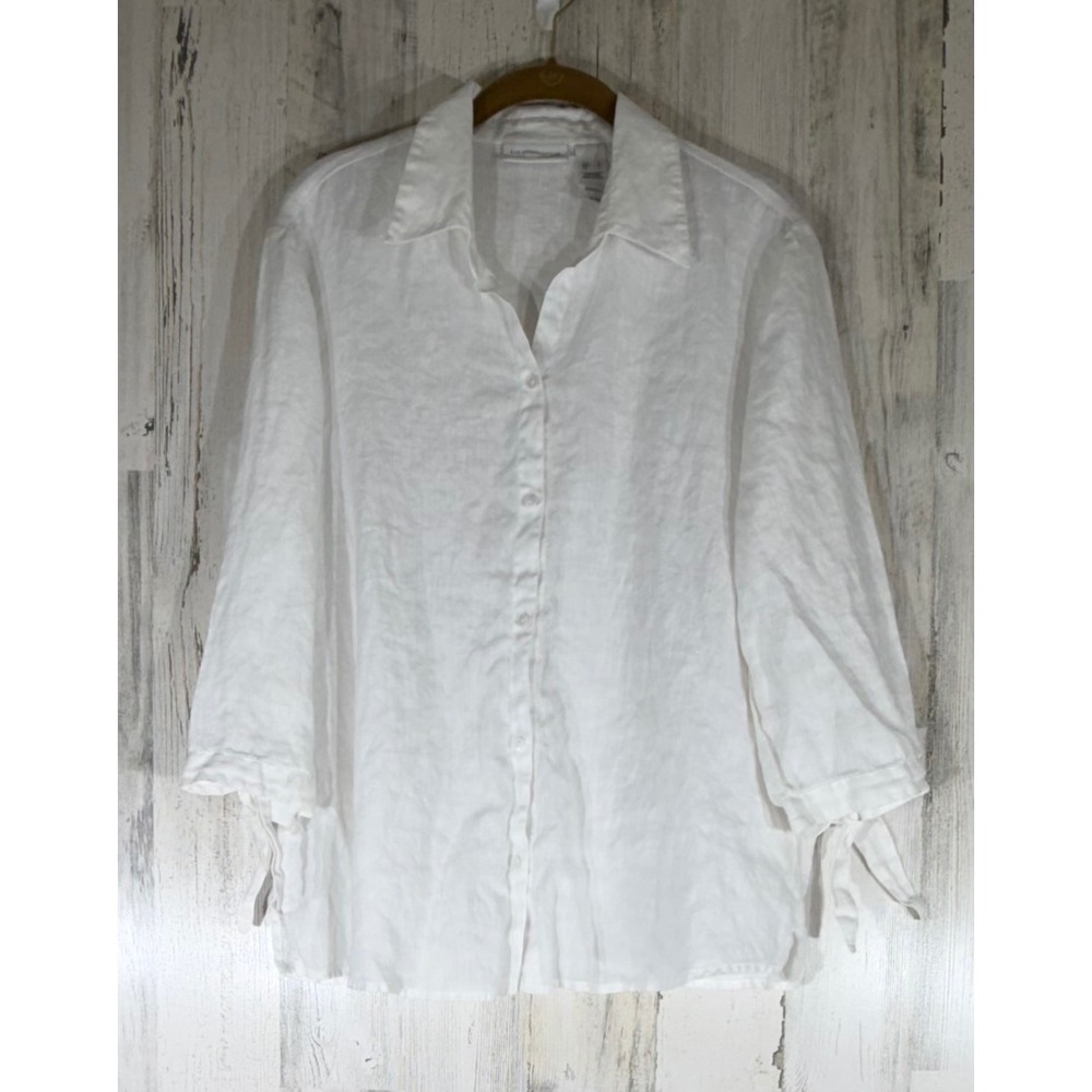 Liz Claiborne Button Front Shirt Large White 100% Linen Tie Sleeve Coastal Beach